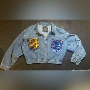 Crop Denim Jacket with Sequin Pockets